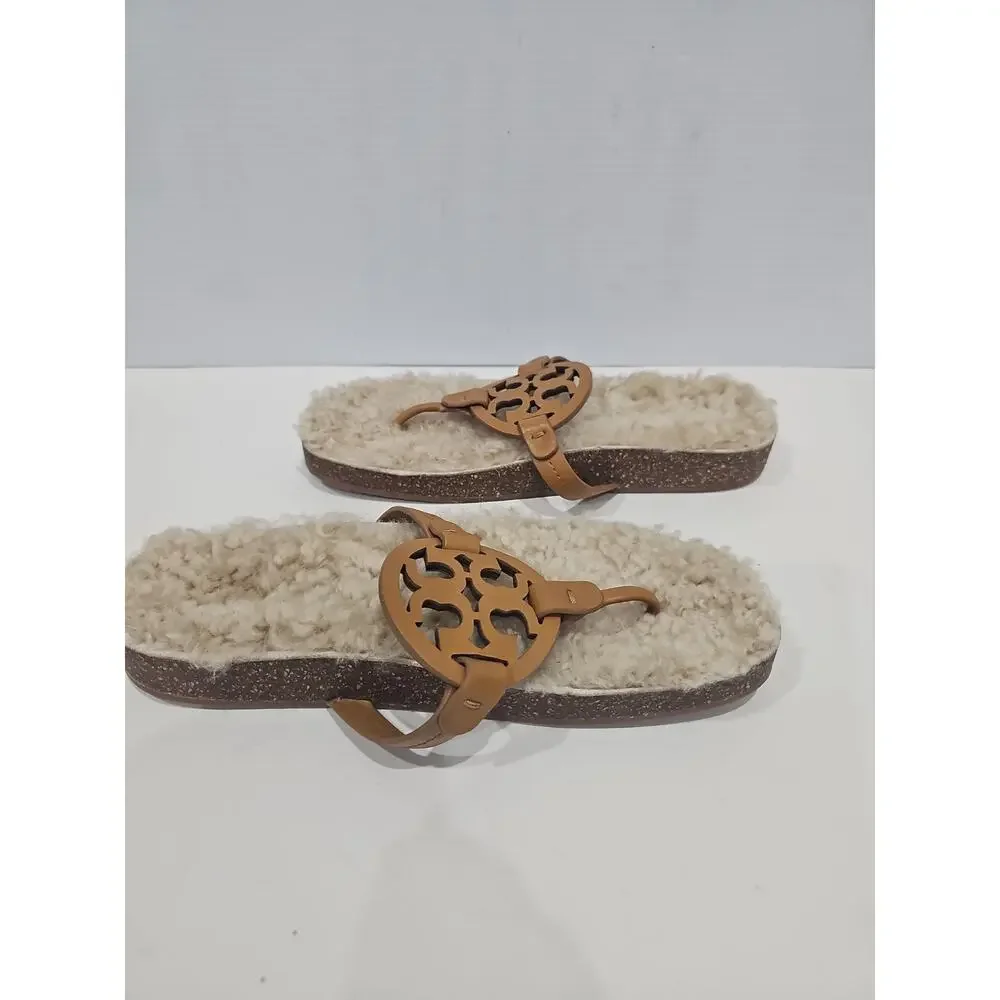 TORY BURCH MILLER Cloud THONG SANDAL Shearling Caramel Corn/Buttermilk Sz 9.5